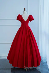 Dark Red Short Sleeve Long Evening Prom Dresses, Beautiful A-Line Evening Party Dresses