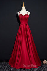 Dark Red Straps Beaded Sweetheart Satin Long Party Dresses, Wine Red Evening Prom Dresses