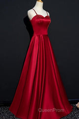 Dark Red Straps Beaded Sweetheart Satin Long Party Dresses, Wine Red Evening Prom Dresses
