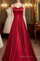 Dark Red Straps Beaded Sweetheart Satin Long Party Dresses, Wine Red Evening Prom Dresses