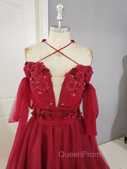 Dark Red Tulle Lace Long Evening Prom Dresses, Red Tulle Lace Evening Dresses