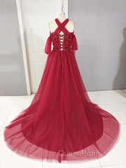 Dark Red Tulle Lace Long Evening Prom Dresses, Red Tulle Lace Evening Dresses