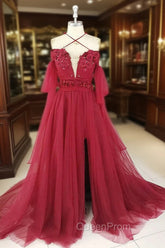 Dark Red Tulle Lace Long Evening Prom Dresses, Red Tulle Lace Evening Dresses