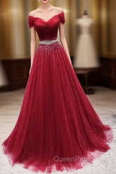 Dark Red Tulle Off Shoulder Long Evening Prom Dresses, Beaded Party Dresses