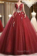 Dark Red Tulle Sequins V-neck Appliques Quinceanera Dresses