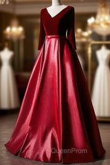 Dark Red Velvet and Satin V-neckline Long Evening Prom Dresses Evening Dresses, Red Bridesmaid Dresses