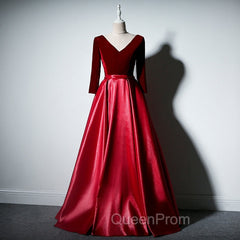 Dark Red Velvet and Satin V-neckline Long Evening Prom Dresses Evening Dresses, Red Bridesmaid Dresses