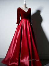 Dark Red Velvet and Satin V-neckline Long Evening Prom Dresses Evening Dresses, Red Bridesmaid Dresses