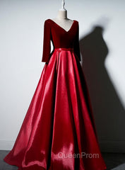 Dark Red Velvet and Satin V-neckline Long Evening Prom Dresses Evening Dresses, Red Bridesmaid Dresses