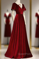 Dark Red Velvet Long Evening Prom Dresses, Charming Evening Gown