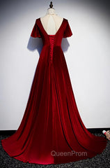 Dark Red Velvet Long Evening Prom Dresses, Charming Evening Gown