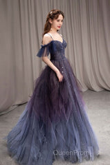 Dark Starry Sky Purple Tulle Long Evening Prom Dresses Purple Evening Dresses