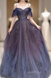 Dark Starry Sky Purple Tulle Long Evening Prom Dresses Purple Evening Dresses