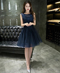 Dark Blue Lace Beading Short Prom Dress Dark Blue Evening Dress