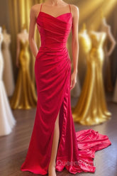 Straps Red Ruched Mermaid Long Formal Dresses
