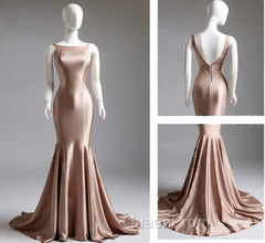 Deep Champagne Mermaid Simple Satin Long Evening Prom Dresses Backless Evening Gown