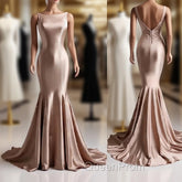 Deep Champagne Mermaid Simple Satin Long Evening Prom Dresses Backless Evening Gown
