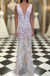 Deep V Neck Champagne Lace Evening Prom Dresses, V Neck Champagne Lace Wedding Dresses Formal Evening Dresses