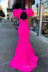 Deep V-Neck Hot Pink Mermaid Long Evening Prom Dresses With Balloon Sleeves