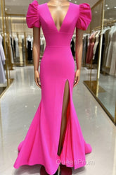 Deep V-Neck Hot Pink Mermaid Long Evening Prom Dresses With Balloon Sleeves