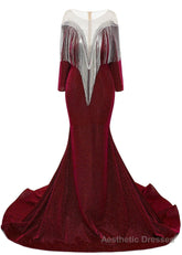 Deep V-neck Shiny Burgundy Prom Dresses Long sleeves Mermaid Evening Party Dresses