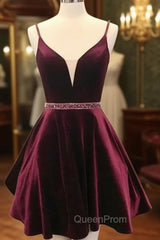 Deep V Neck Short Burgundy Evening Prom Dresses, Deep V Neck Short Burgundy Evening Homecoming Dresses