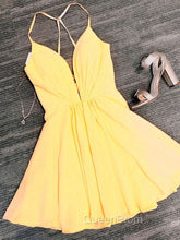 Deep V Neck Short Yellow Black Evening Prom Dresses, Short Backless Evening Homecoming Dresses