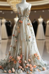 Deep V Neck Wedding Dresses 3D Flowers Appliques Tulle A-Line Evening Prom Gowns