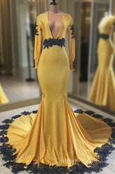 Deep V Neck Yellow Evening Prom Dresses Black Lace Applique Evening Gown