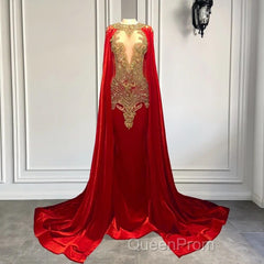 Mermaid Evening Prom Dresses with Red Scoop Neckline and Beadings Cape