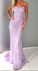 Chic Trumpet Spaghetti Straps With Lace Appliques Light Blue Evening Prom Dresses