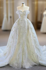 Discover The Latest White Mermaid Tulle Sequins Off the Shoulder Evening Prom Dresses With Removable Train