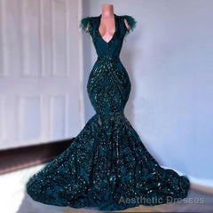 Dark Green Sequined Mermaid Prom Dresses, 2025 For African Black Girls Court Train Feather V Neck Sexy Formal Party Gowns