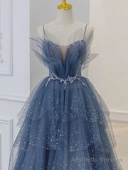 Blue Sweetheart Tulle Sequin Long Prom Dress, Blue Evening Dress
