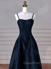 Dreamy Dark Blue Spaghetti Straps Satin Evening Prom Dresses