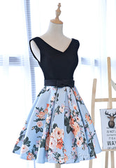 Cute V-Neck Floral Evening Prom Dresses, A-Line Homecoming Dresses