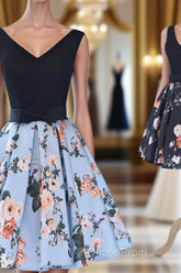 Cute V-Neck Floral Evening Prom Dresses, A-Line Homecoming Dresses