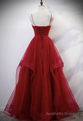 Burgundy Tulle Long Prom Dresses, V-Neck Evening Dress