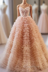 Unique V Neck Tulle Sequin Orange Pink Long Evening Prom Dresses, Orange Pink Sweet 16 Dresses