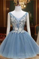 Dusty Blue Princess Tulle Appliqued Homecoming Dresses