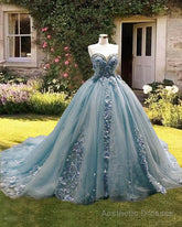 Dusty Blue Sweetheart Ball Gown Quinceanera Dress Strapless with 3D Flowers