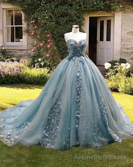 Dusty Blue Sweetheart Ball Gown Quinceanera Dress Strapless with 3D Flowers
