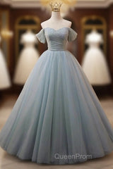 Dusty Blue Tulle Beaded Floor Length Formal Dresses, Off The Shoulder A-Line Evening Party Dresses