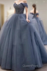 Dusty Blue Tulle Evening Prom Dresses Off Shoulder
