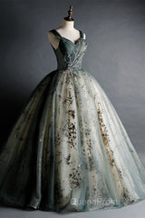 Dusty Green Ball Gown Beaded Tulle Formal Dresses, Ball Gown Sweet 16 Dresses