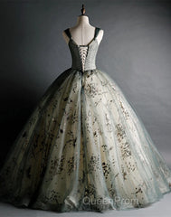 Dusty Green Ball Gown Beaded Tulle Formal Dresses, Ball Gown Sweet 16 Dresses