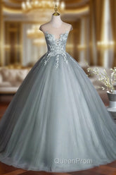 Dusty Green Tulle Floor Length Evening Prom Dresses with Lace, Elegant A-Line Evening Dresses