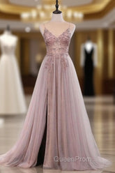 Dusty Pink Spaghetti Straps Gorgeous Beading Evening Prom Dresses A Line Split Tulle Evening Dresses