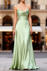 Dusty Sage A Line Cowl Neck Satin Long Evening Prom Dresses with Pleated