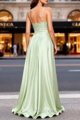 Dusty Sage A Line Cowl Neck Satin Long Evening Prom Dresses with Pleated